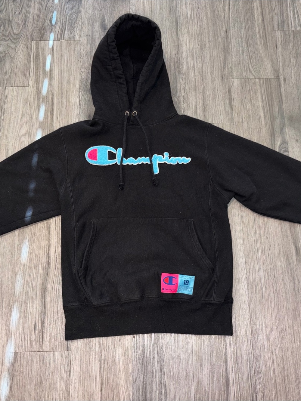 Champion Black Hoodie with Turquoise & Pink Script Logo